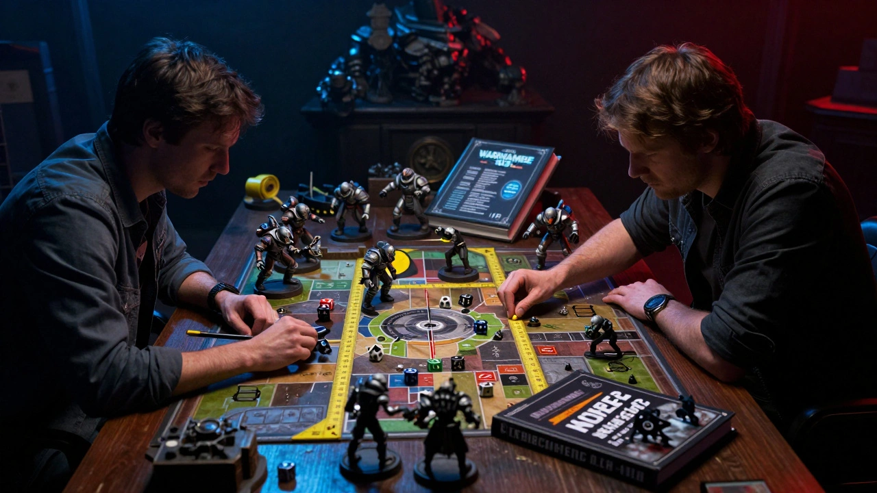 Два игрока играют в Warhammer 40K на столе с террейном, измеряют расстояние и бросают кости.