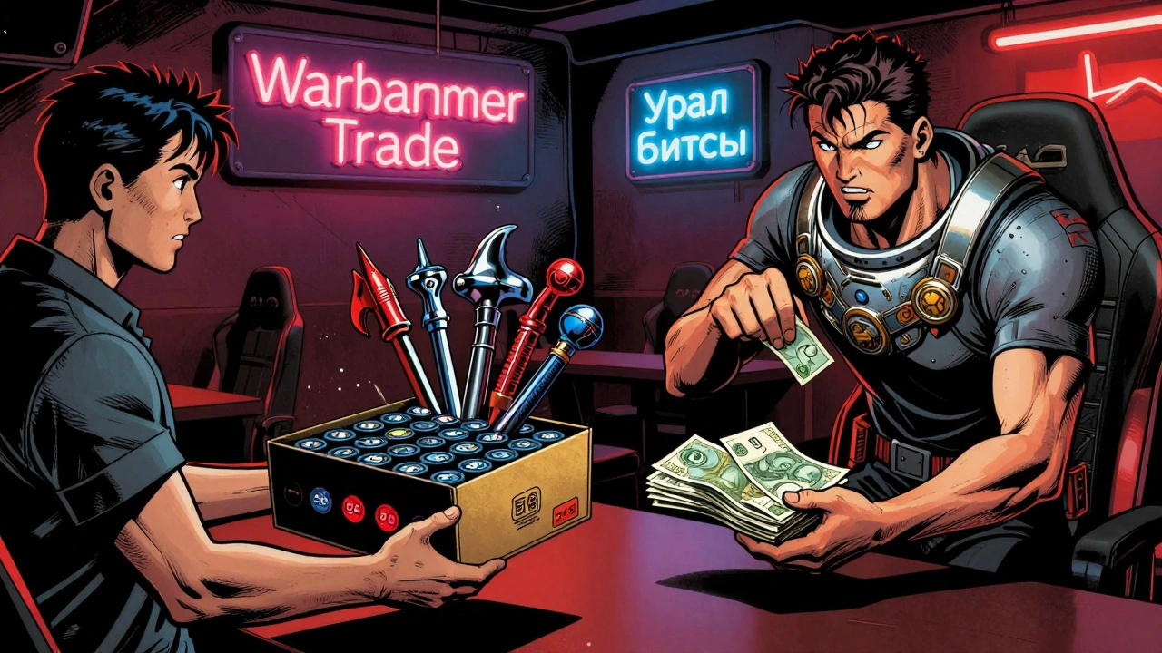 Два игрока обменивают битсы Warhammer 40K на набор в игровом клубе, за спиной — неоновая вывеска