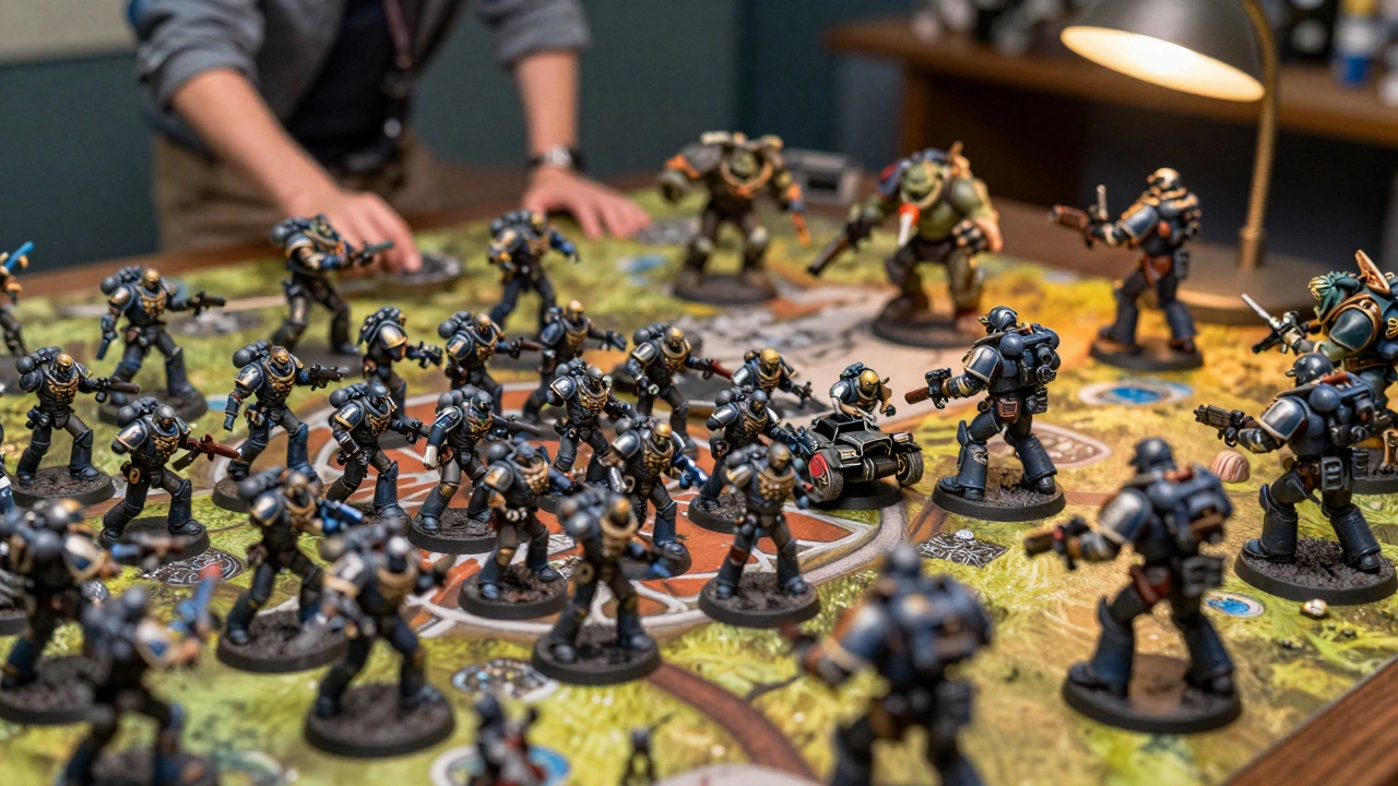 Две армии в бою: густая армия Imperial Guard против бурной толпы Orks на игровом столе.