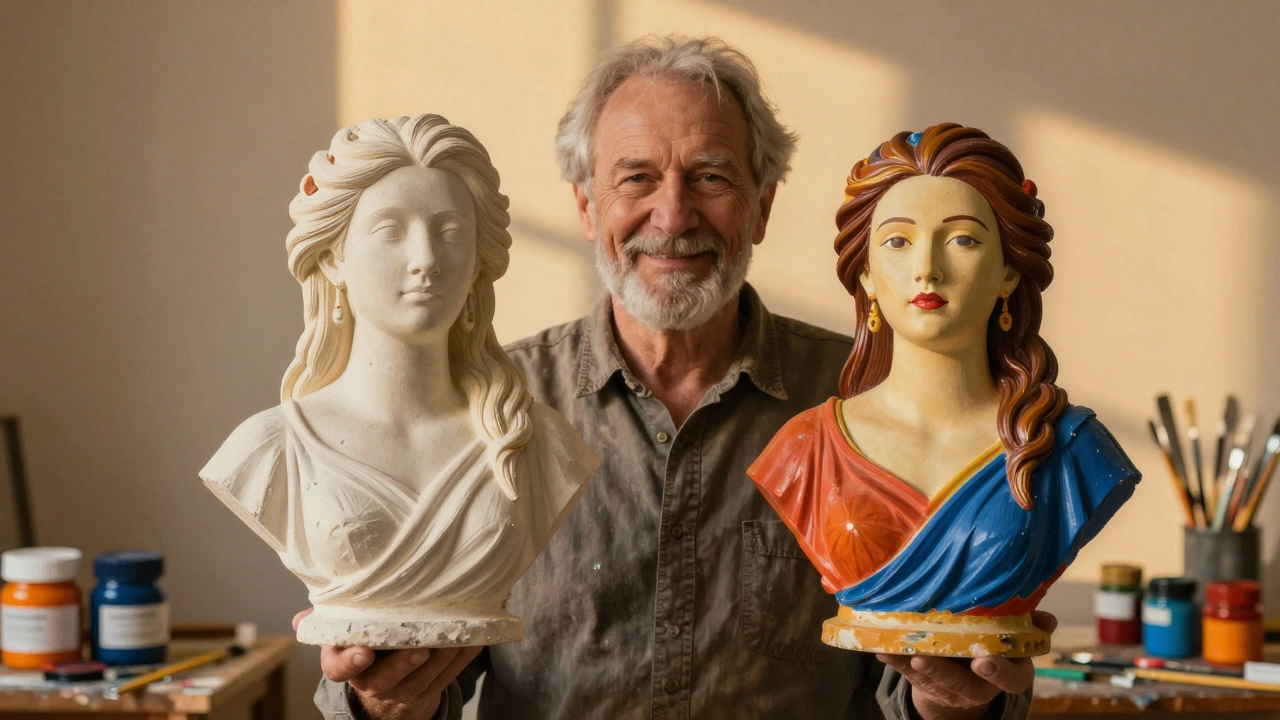 Две миниатюры рядом: одна плохо покрашенная, другая — яркая и детализированная, символизируя прогресс.