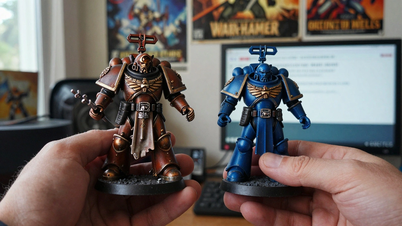 Две руки держат старую металлическую и новую пластиковую миниатюры Warhammer 40K, подчёркивая разницу в текстуре.