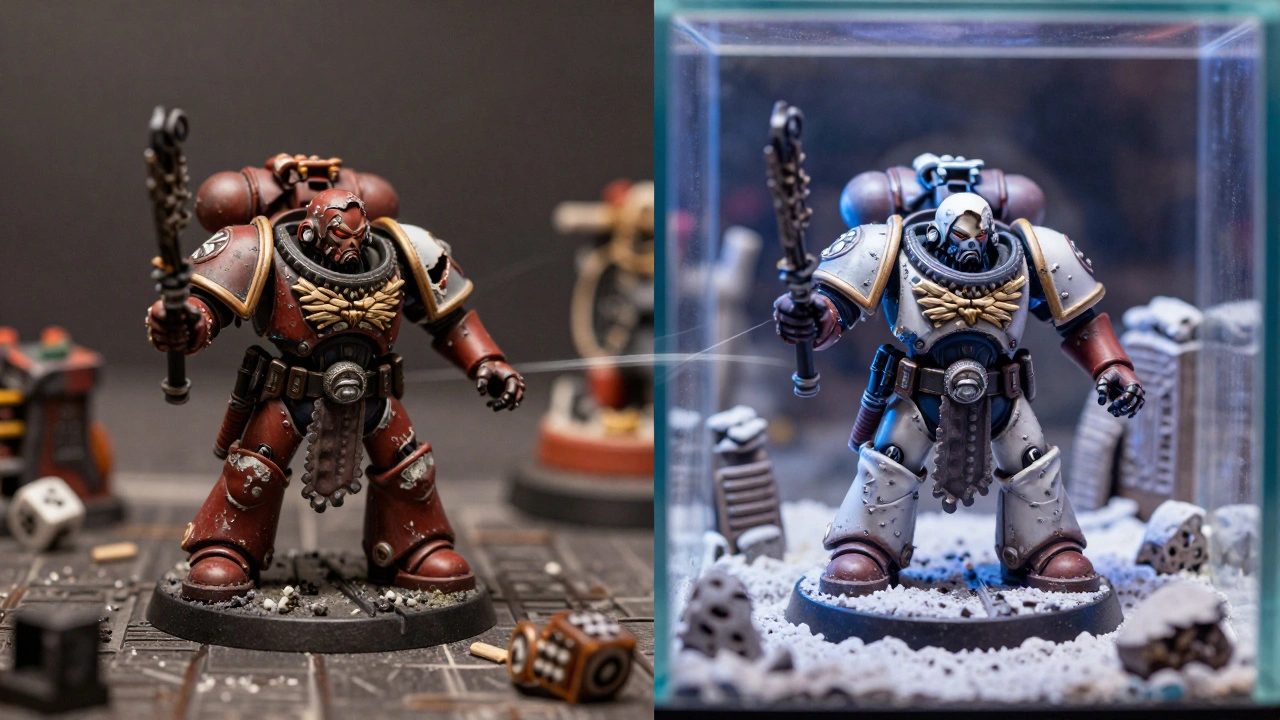 Двойная композиция: слева — играющая миниатюра с царапинами, справа — та же модель под стеклом с диорамой, символизирующая переход от игры к выставке.