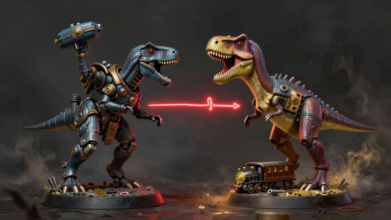 Двухстороннее изображение: стандартная модель с одной стороны и кастомная конверсия из игрушек и магнитов — символ творчества в Warhammer 40K.