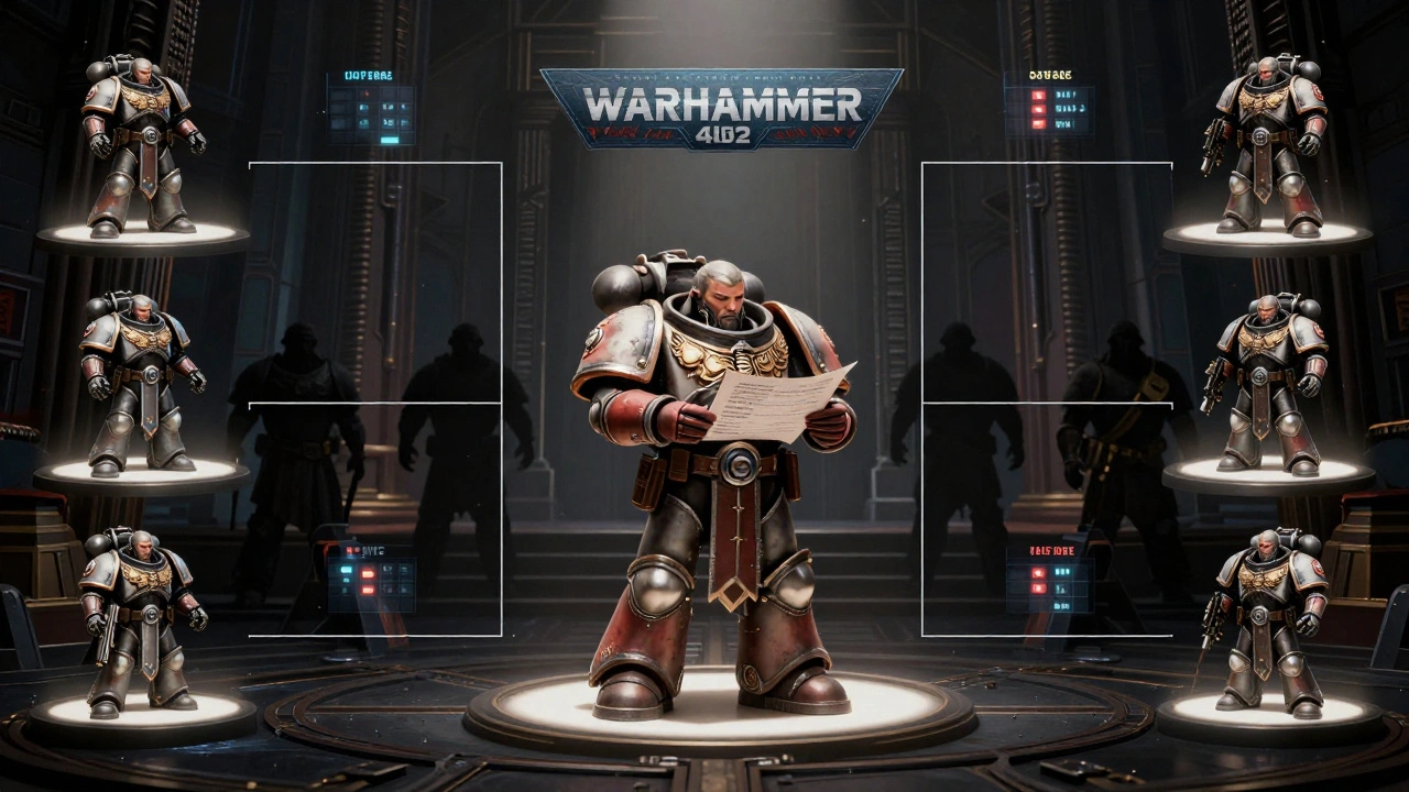 Eight elite players in a single-elimination bracket, their armies displayed under dramatic spotlights in a dark arena.