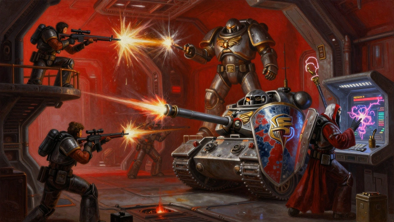 Экипаж корабля в бою: снайпер, танк, псайкер и техножрец работают вместе в коридоре космического судна