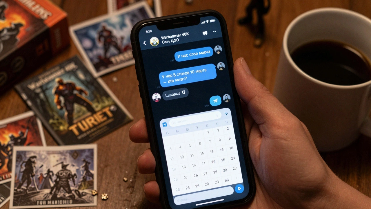 Экран смартфона с чатом клубов Warhammer 40K, где обсуждают предстоящую встречу, рядом лежат миниатюры и книга правил.