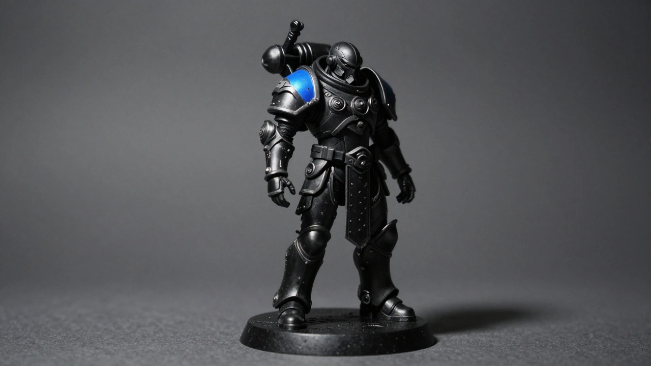 Эльдар Зар-Танн в минимальной цветовой схеме: чёрный, серый и синий, подчёркнутый резким светом и тенями.