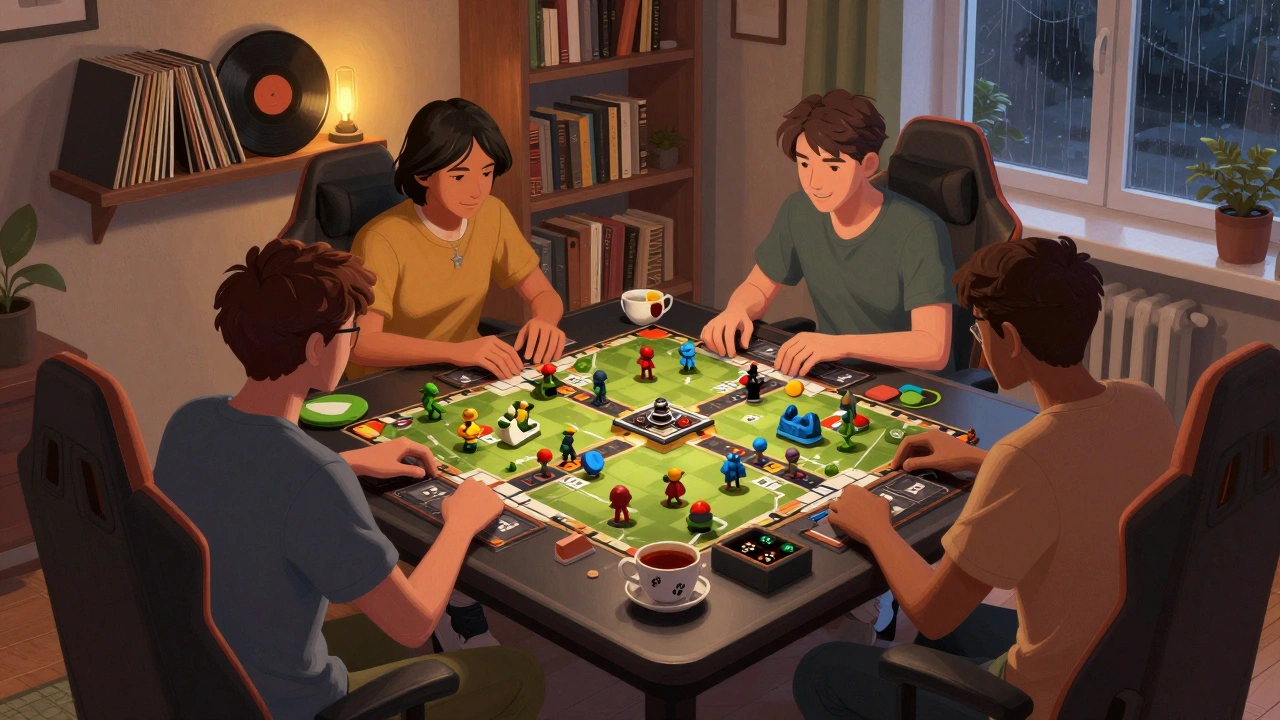 Friends playing Warhammer 40K on a compact table in a cozy living room with tea and books nearby.