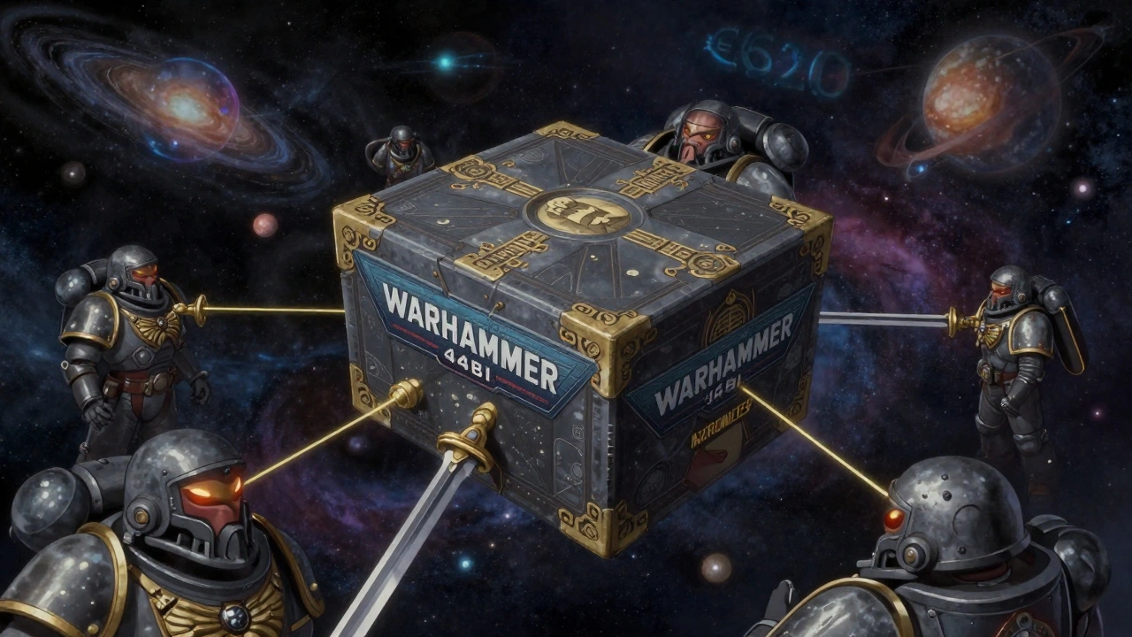 Гигантский лимитированный бокс Warhammer 40K парит в космосе, окруженный галактиками в форме миниатюр.