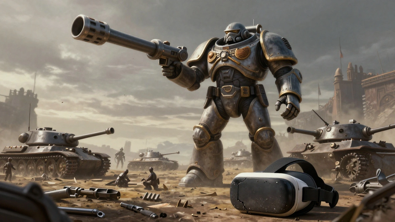 Гигантский Титан на поле боя, а у его ног — разбитый VR-шлем, символизирующий масштабную несовместимость.