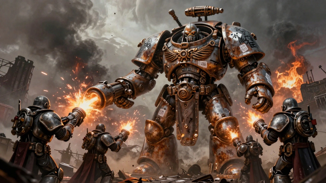 Гигантский Титан на поле боя, окруженный техножрецами, под светом Ока Ужаса.