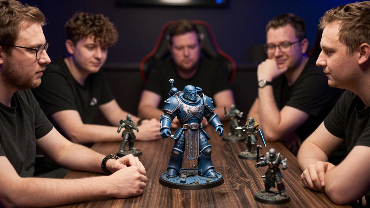 Группа игроков играет в настольную игру, где одни используют оригинальные миниатюры, а один — модифицированную, не похожую на официальную модель.