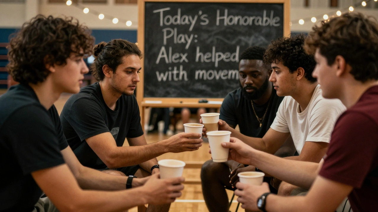 Группа игроков после игры пьёт кофе и обменивается комплиментами, атмосфера дружелюбия.