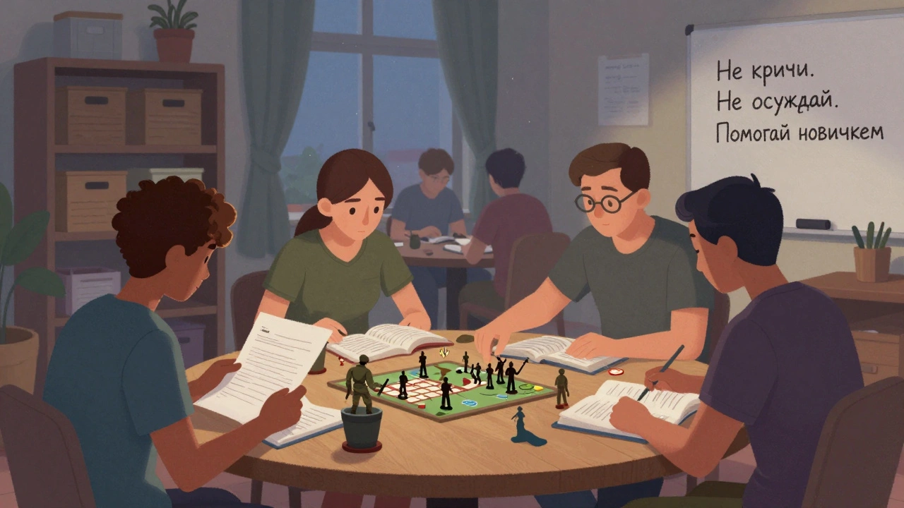 Группа игроков в скромном пространстве: новичок получает помощь от опытного игрока, на стене — написанные от руки правила клуба.