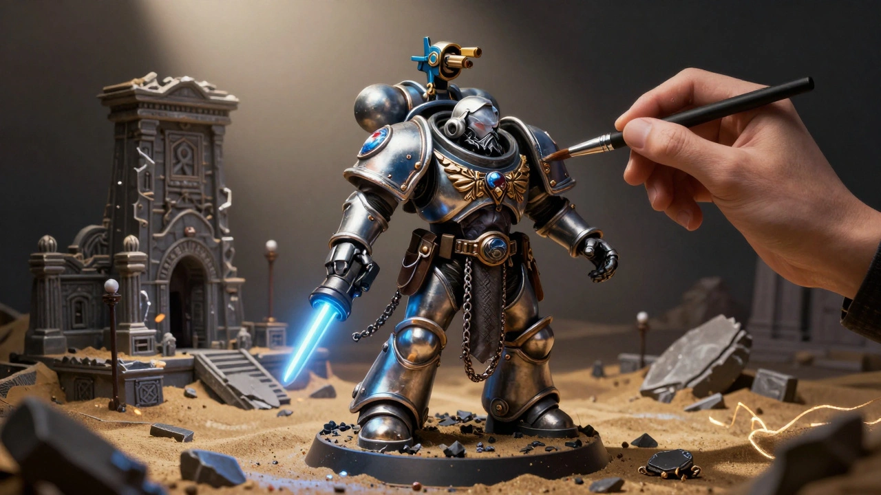 Идеально покрашенная миниатюра Warhammer 40K на детализированной диораме с разрушенным храмом, светодиодным оружием и тонкой живописью кожи.