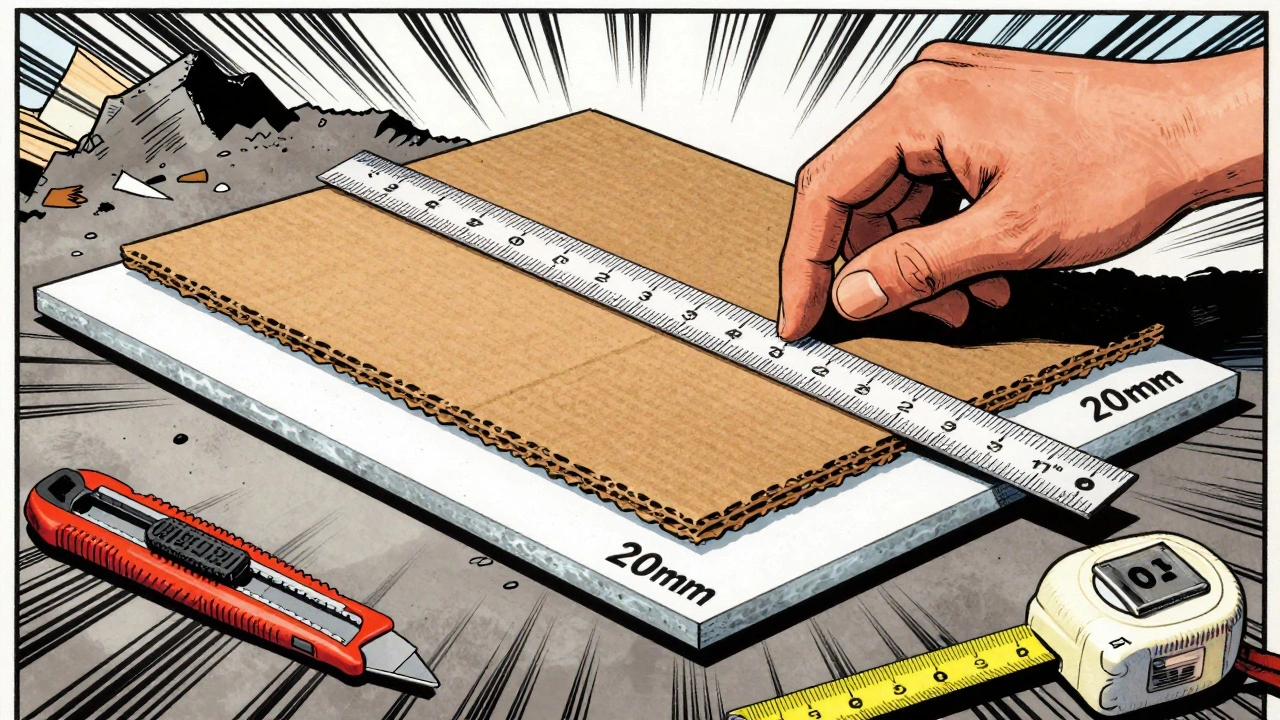 Игрок измеряет высоту самодельного руина линейкой, демонстрируя слои картона и пенополистирола по правилам 10-й редакции.