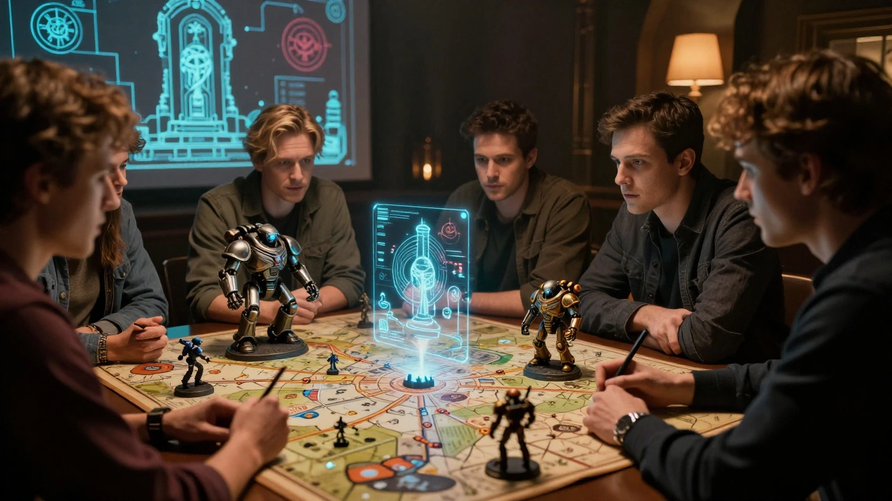 Игроки изучают голографическую карту с моделями Механикус и Серых Рыцарей, погружённые в нарративную кампанию.