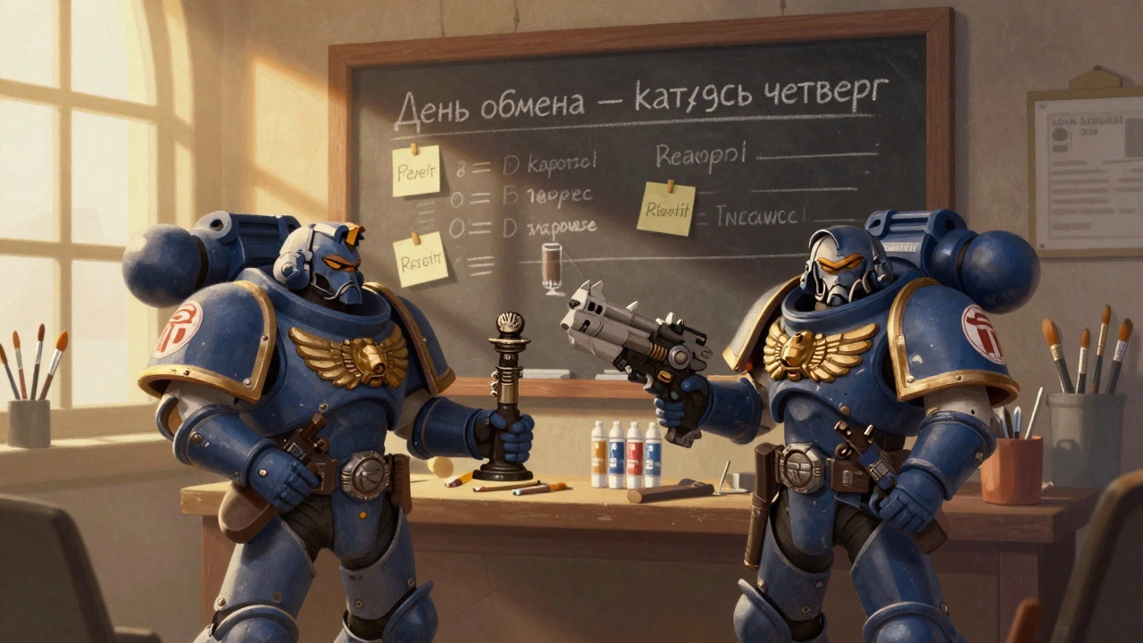 Игроки празднуют обмен: один держит нового вождя, другой — редкое оружие, на стене — доска с заявками.