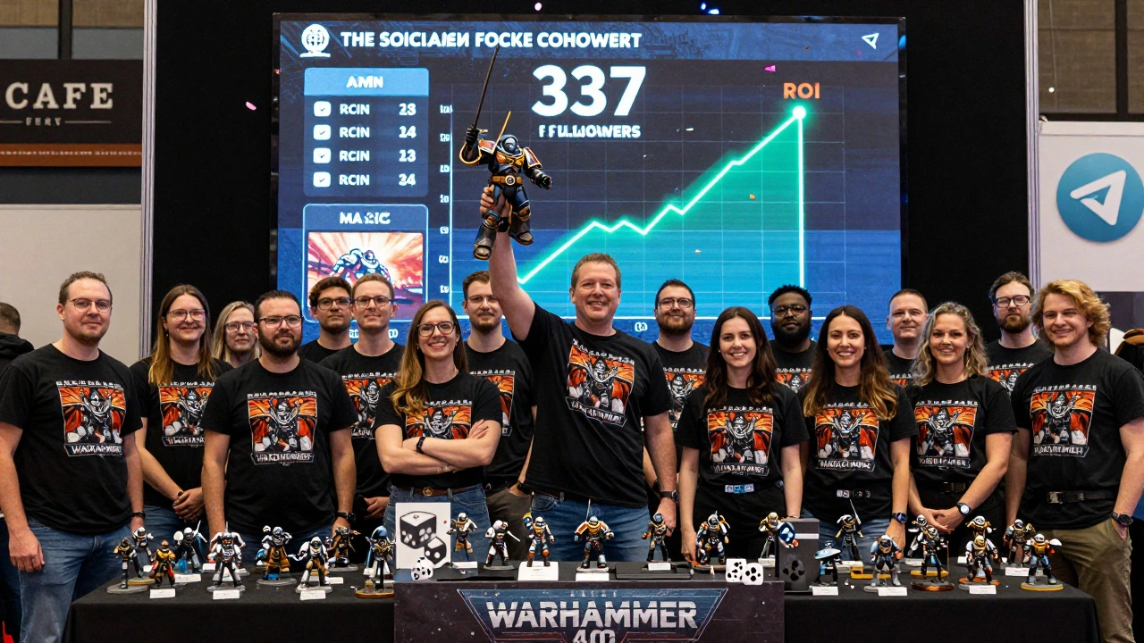 Игроки в футболках с логотипом Warhammer 40K стоят у стенда с миниатюрами, на экране — рост аудитории и ROI.