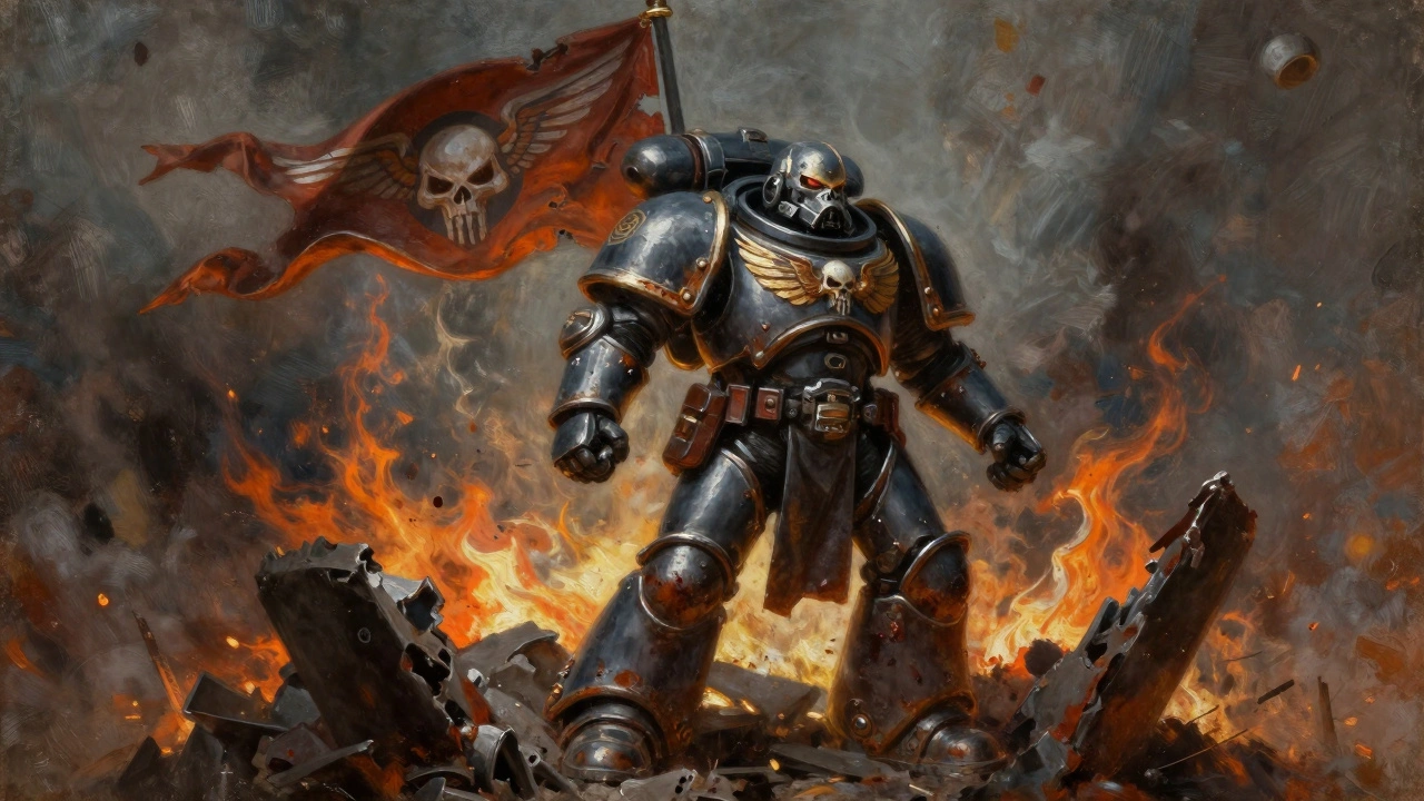 Имперский Кулак с крылатым черепом на плече, стоит на груде врагов, вокруг — пожар и пепел.