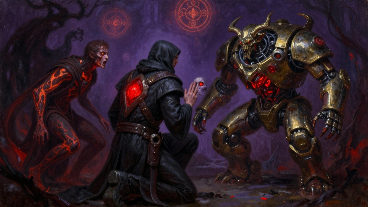 Инквизитор с печатью Хаоса управляет двумя демонически одержимыми воинами в мрачной камере.