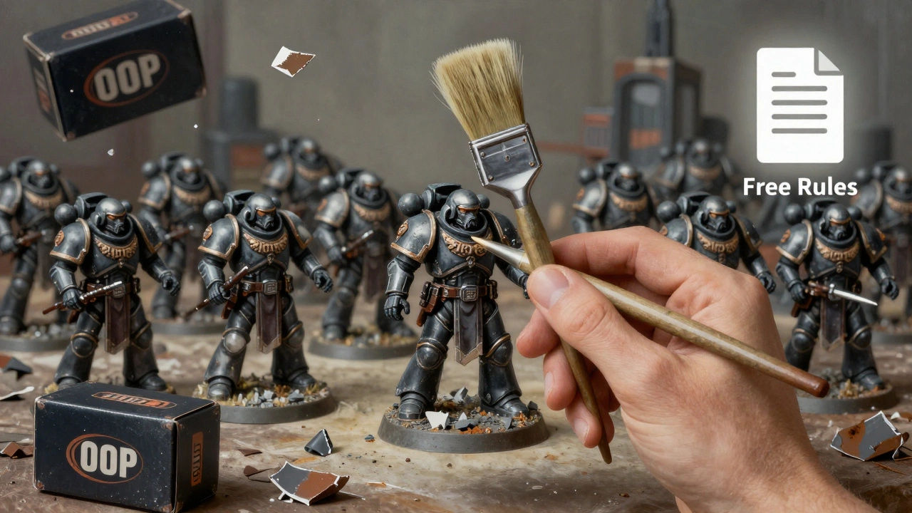 Кисть для покраски рядом с собранной армией, рядом — отвергнутые дорогие краски и PDF с правилами.