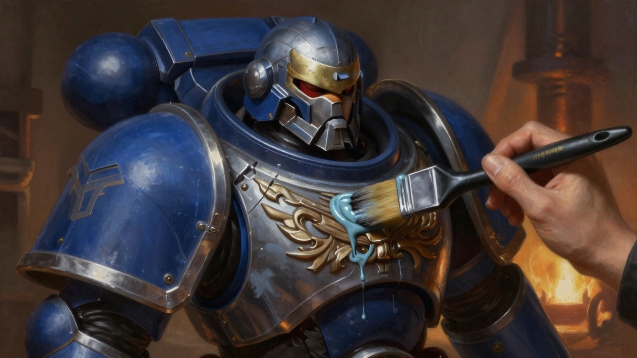 Кисть наносит тонкий слой базовой краски на броню космического десантника, подчеркивая рельеф деталей.