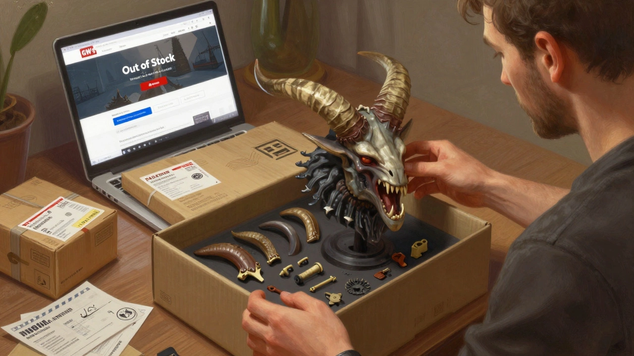 Коллекционер распаковывает эксклюзивный набор Hell Pit Abomination с европейскими этикетками и пластиковыми деталями.