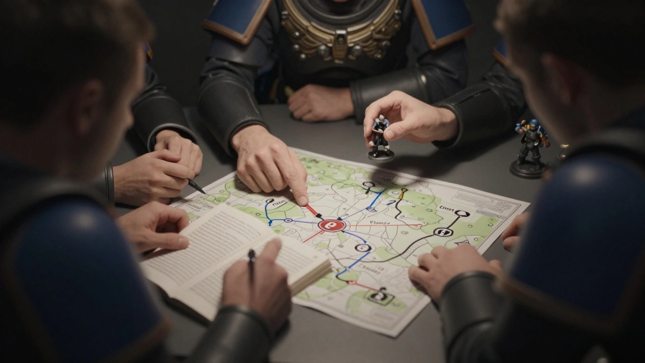Команда перед турниром обсуждает тактику: один из игроков указывает на стратегическую карту, другой держит правила, третий готовит миниатюру для развертывания.
