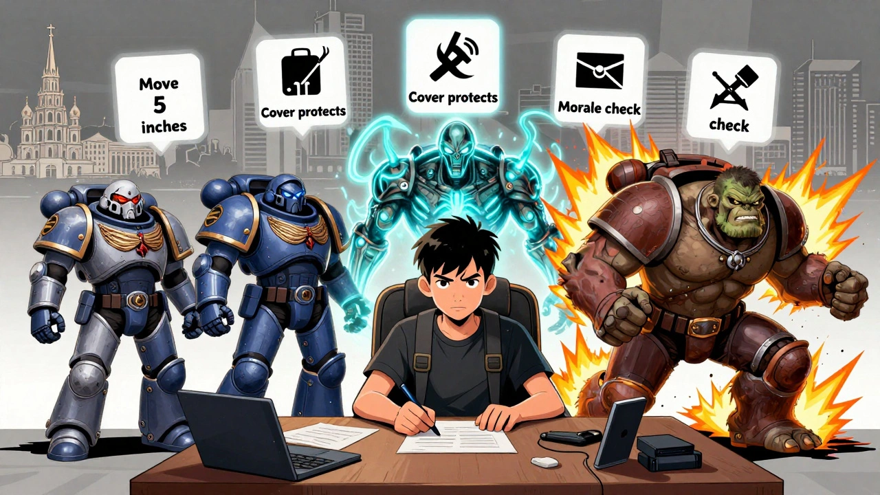 Комикс-иллюстрация новичка, выбирающего фракцию в Warhammer 40K: Space Marines, Necrons и Orks с ключевыми правилами