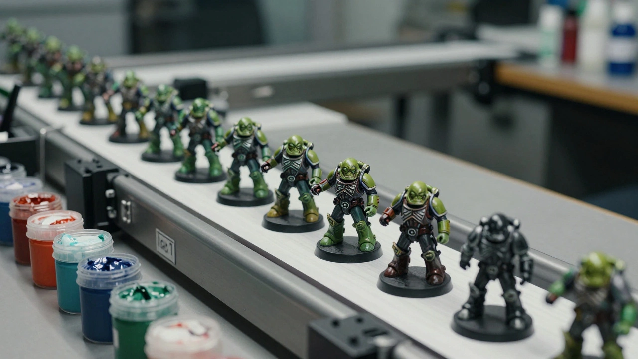 Конвейерная система покраски 100 миниатюр: этапы окраски ног, тел, шлемов и глаз в чистой мастерской.