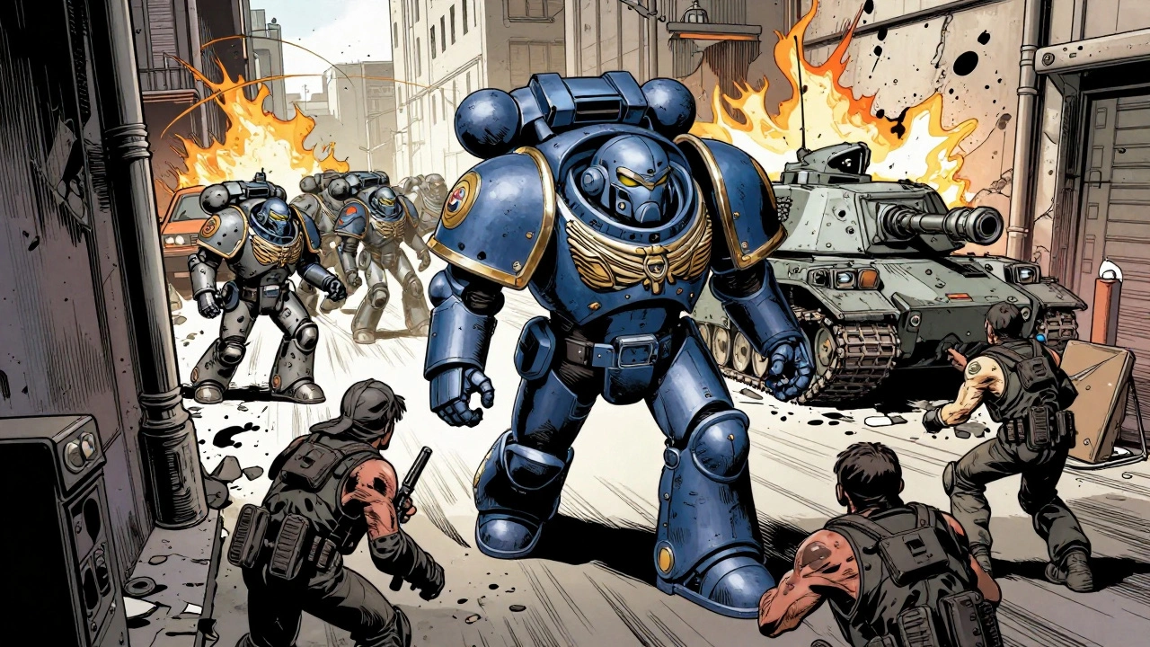 Космический десантник высадился из "Ленд Райдера" в узком коридоре, а танк вдалеке под огнём врага.