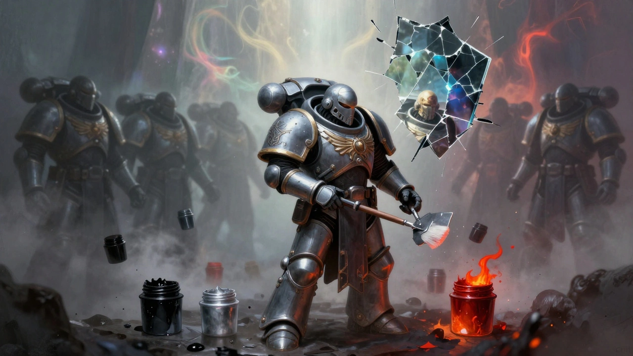 Космодесант красит свою броню, вокруг него парят цвета и силуэты легендарных легионов.