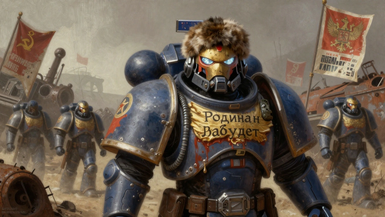 Космодесантник с меховой шапкой, на плече — гравировка 'Родина не забудет', на спине — цифровые символы вместо крестов.