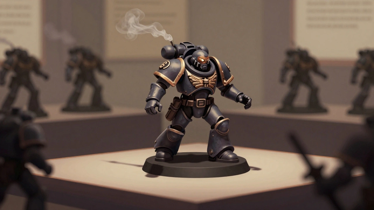 Космодесантник в выставочном зале, освещённый из угла, с тенью и атмосферой боя.