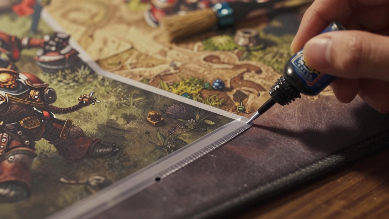 Край игрового коврика, обработанный бесцветным лаком для ногтей, чтобы предотвратить износ.