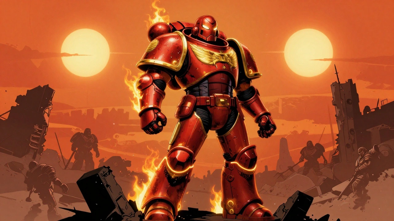 Красная броня космодесантника с внутренним свечением, золотыми акцентами и следами огня — бой под двойными солнцами.