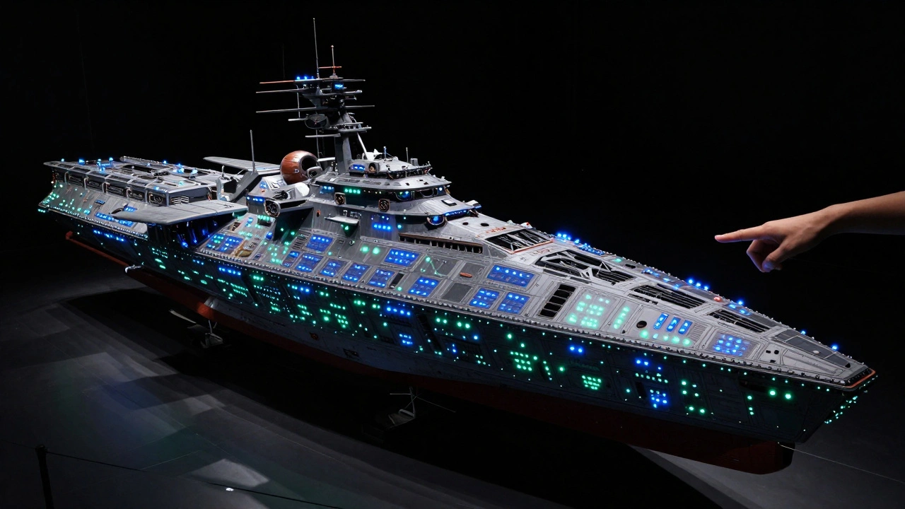 Левиафан с сотнями светодиодов, светящийся синим и зелёным светом, с едва заметными именами на корпусе, включённый в тёмном зале.