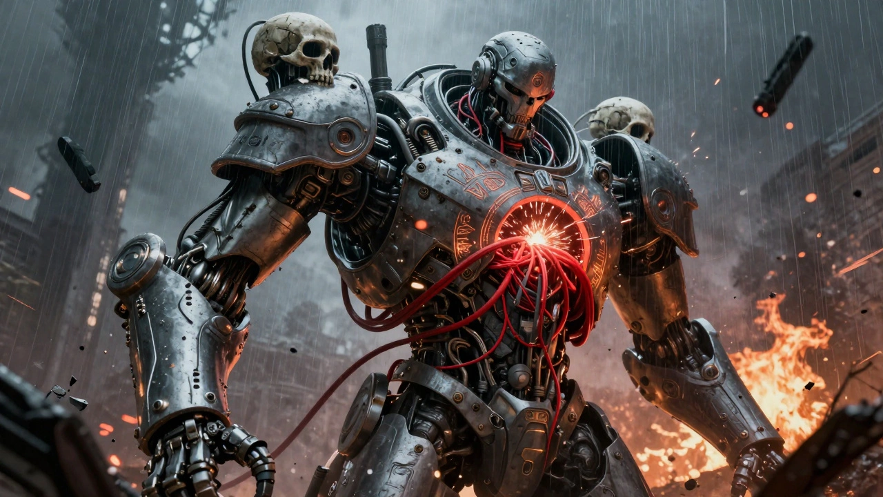 Магас Кратос восстанавливает раненого Титана, вживляя святые кабели в его корпус под огнём битвы.