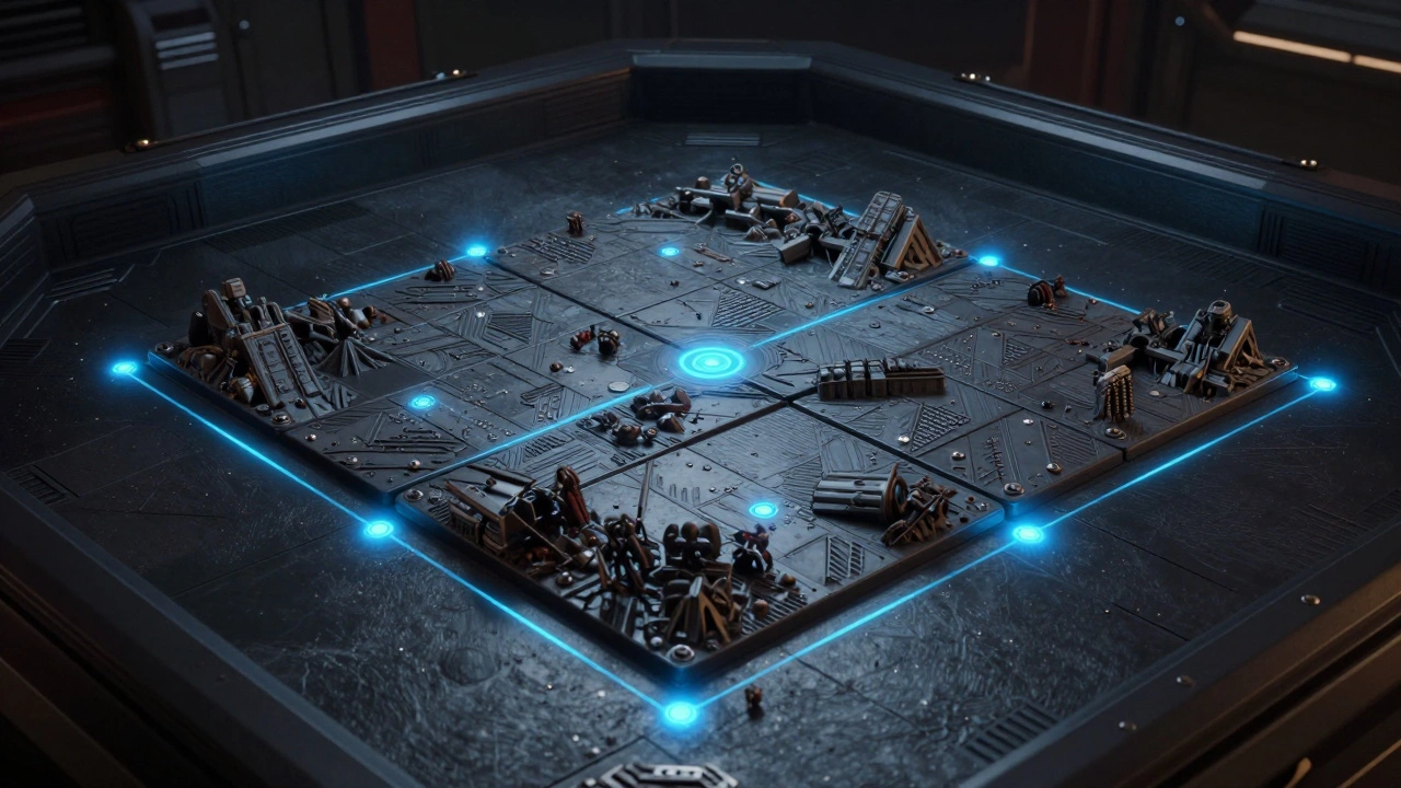 Магнитный игровой стол с модульными элементами, где миниатюры фиксируются на поверхности с подсветкой.