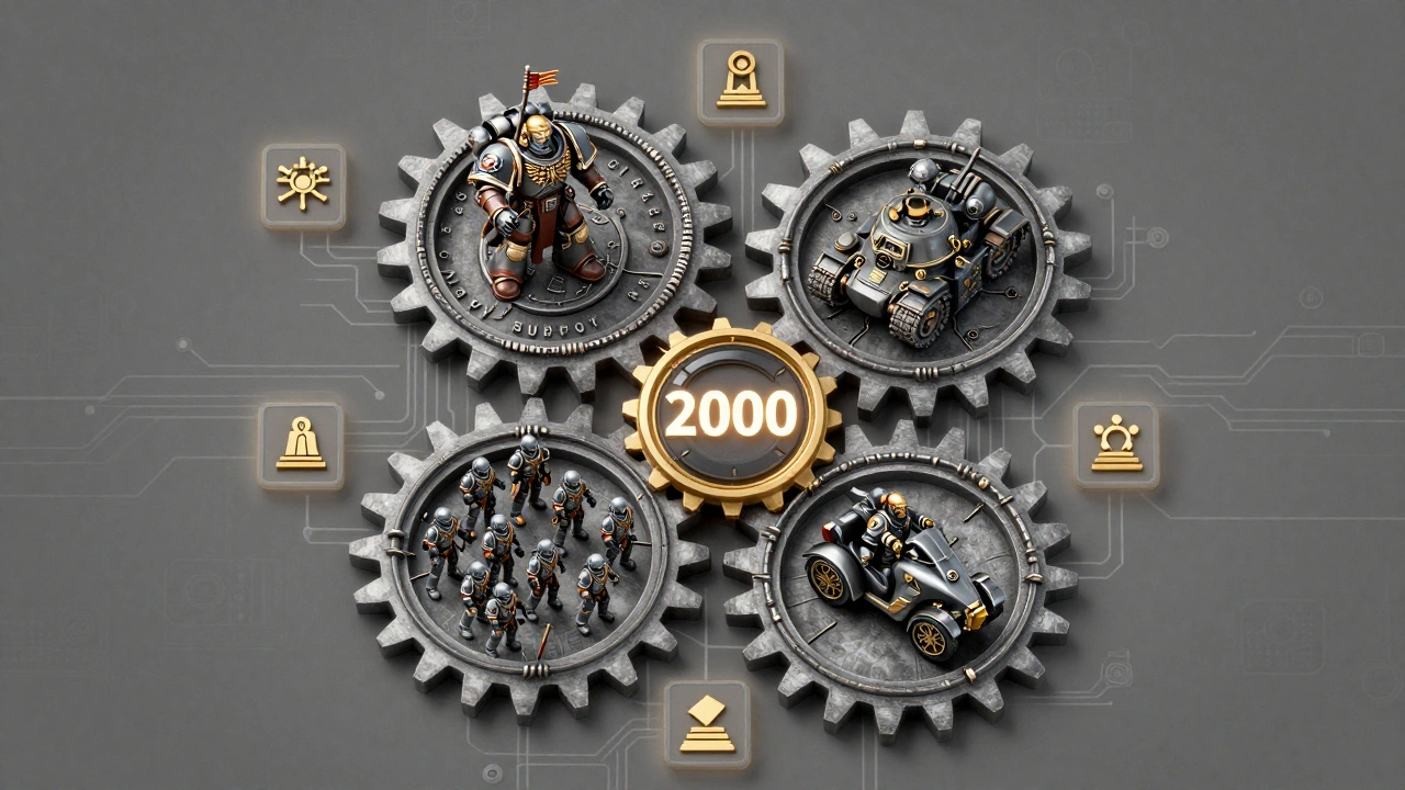 Механическая схема армии 40K с шестерёнками, представляющими командование, пехоту, поддержку и мобильные удары.