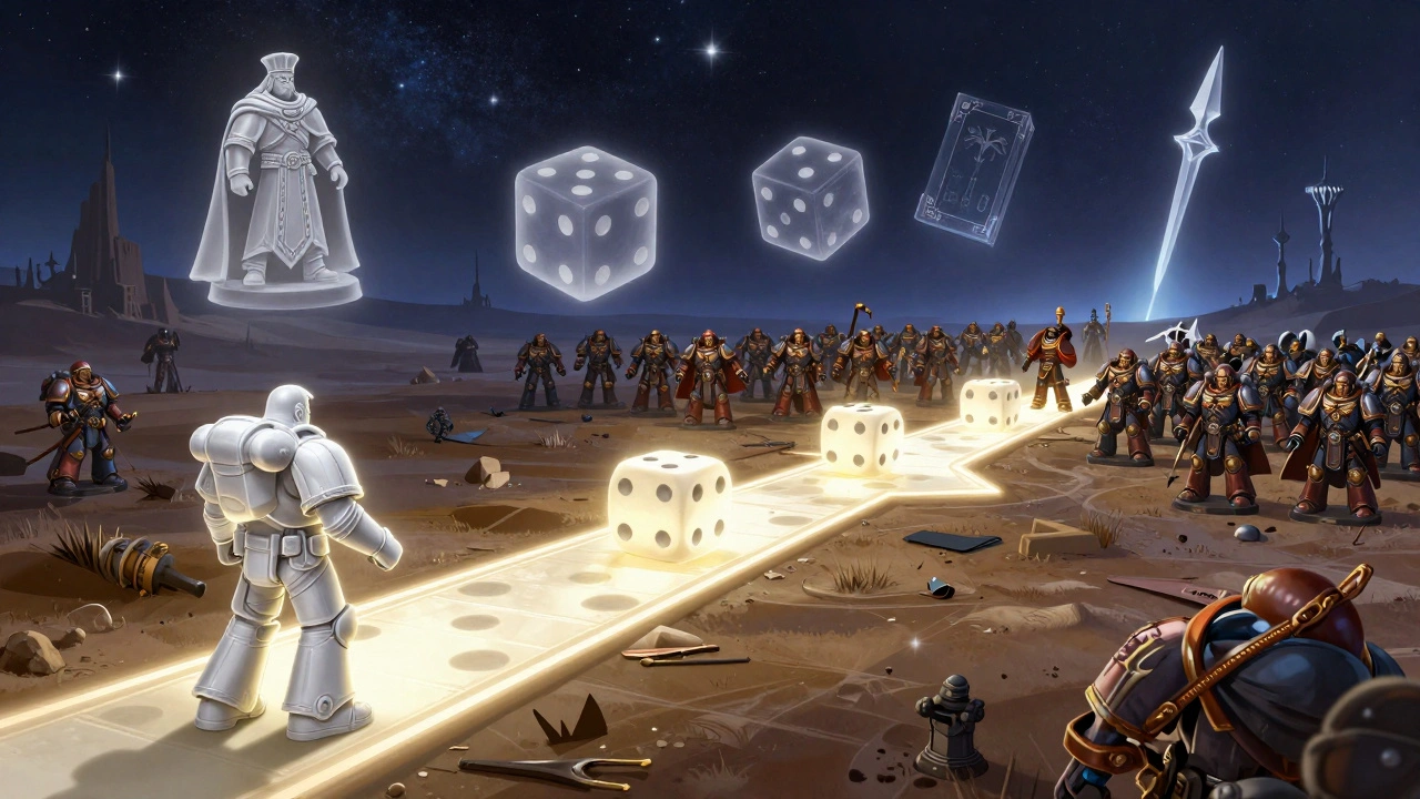 Метафорический путь от одной миниатюры к полной армии с элементами игры: кубики, линейка, правила.
