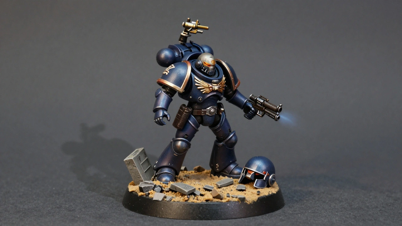 Модель в динамичной позе на текстурированной подставке с деталями пейзажа и мягким светом.