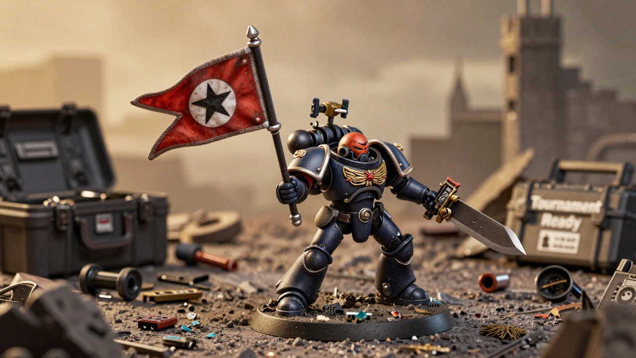 Модель Warhammer 40K с магнитными съемными элементами на поле боя, флаг поднят ветром.