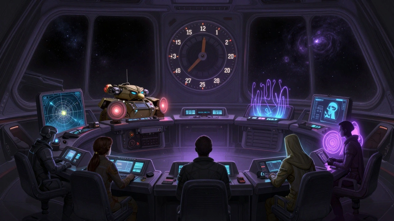 Мост космического корабля с шестью экипажами, каждый выполняет свою роль в долгосрочной стратегии