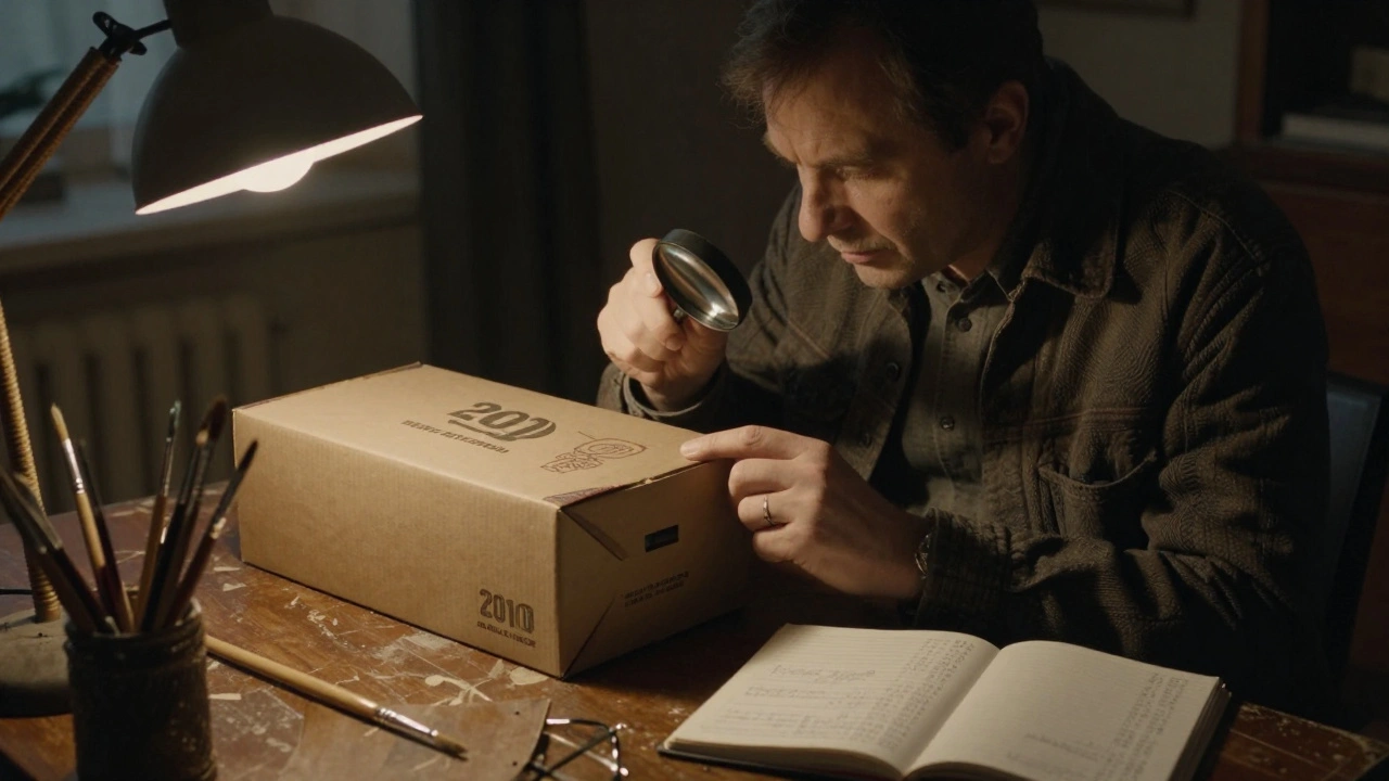 Мужчина осматривает запечатанную коробку набора Assault on Black Reach 2010 года под лампой.