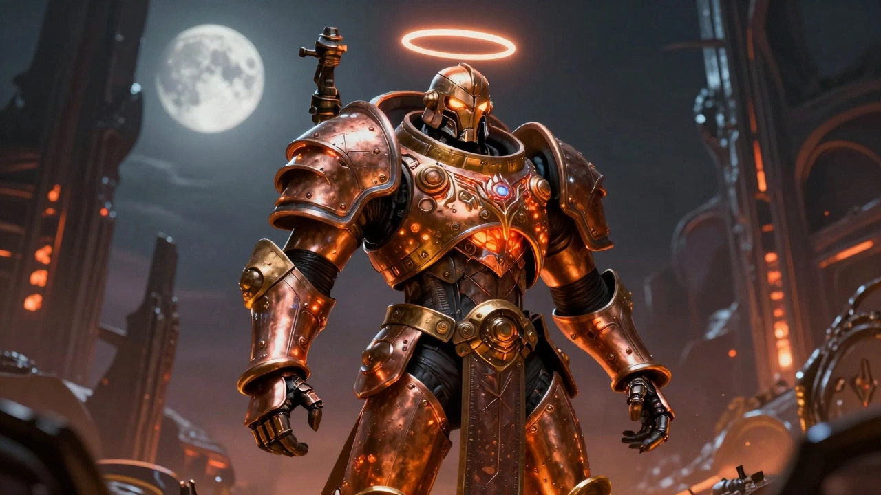 Некрон в медной броне с светящейся бело-оранжевой полосой на голове, стоящий на руинах чужой планеты.