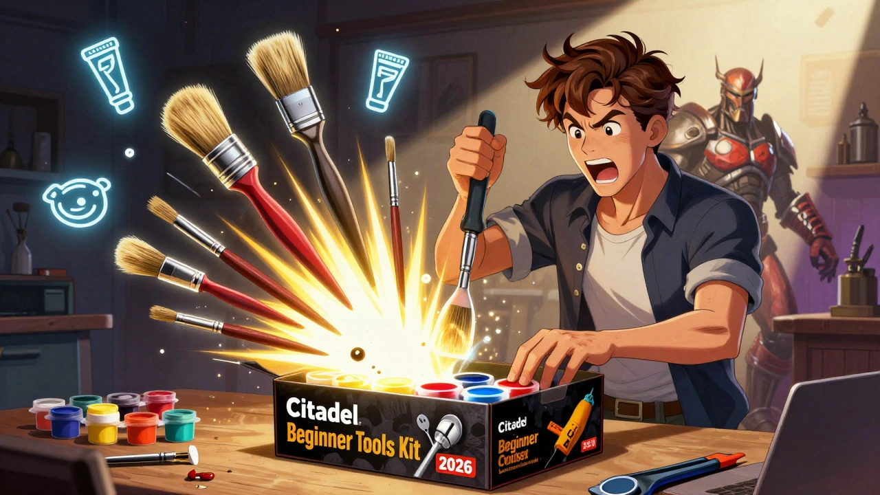 Новичок открывает обновлённый набор Citadel 2026, из которого вылетают инструменты и краски, а за спиной — полуокрашенная миниатюра.