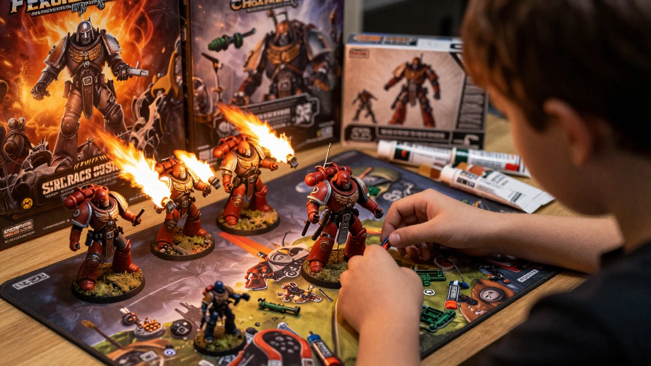 Новичок собирает первую миниатюру хаотиков из стартового набора, рядом — готовая модель на поле боя.