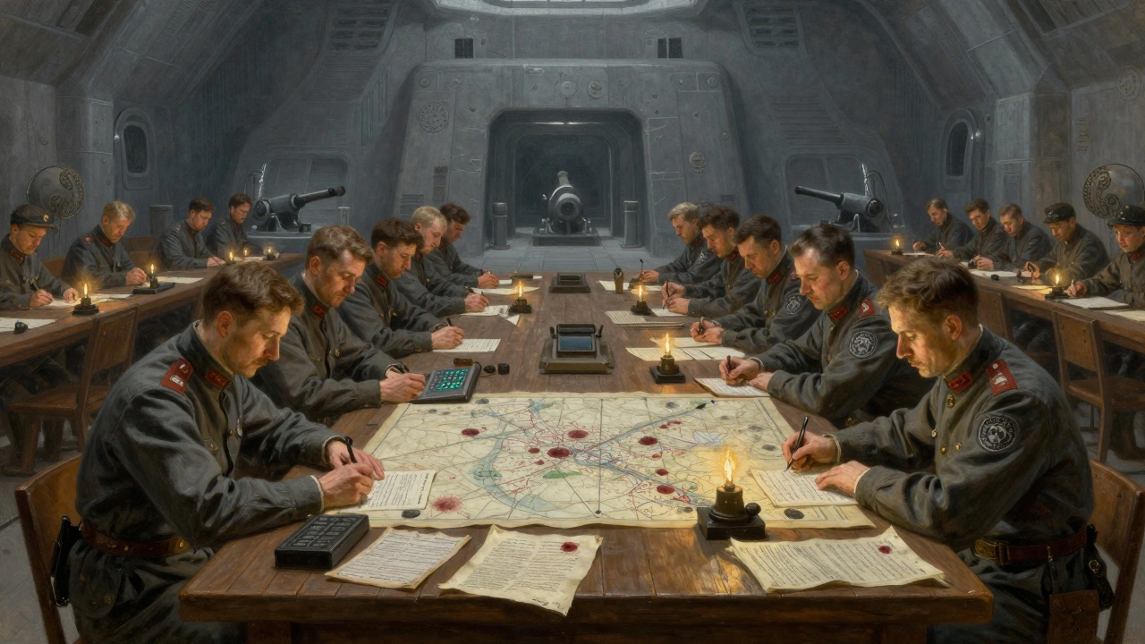 Офицеры в тусклом командном зале записывают потери, карты и отчеты покрыты пылью и кровью, вокруг — тишина.